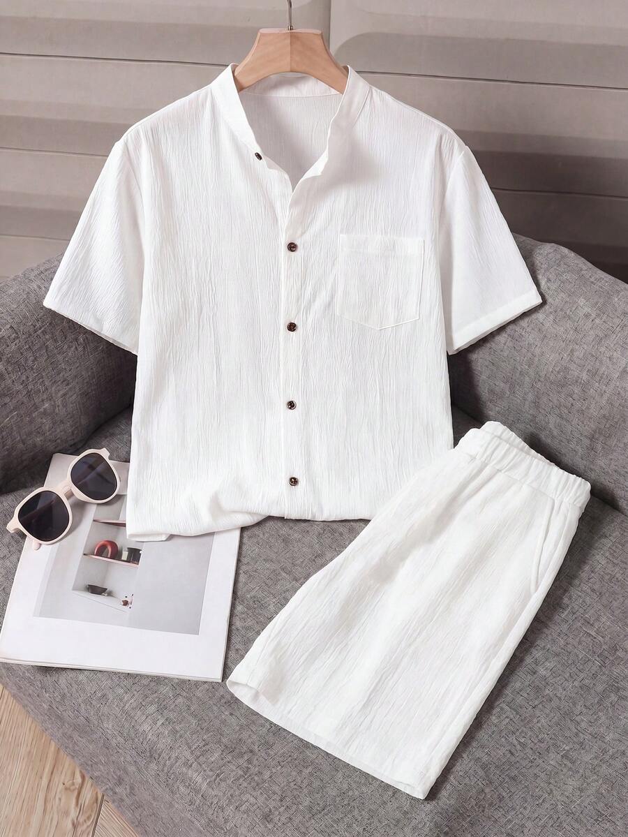 Set de 2 piezas Camisa casual blanca arrugada y shorts blancos para adolescentes, de tela suave y cómoda, adecuado para salidas, fotografía, deportes, vacaciones, todas las ocasiones, conjunto de verano esencial para adolescentes - Blanco - Ver 1