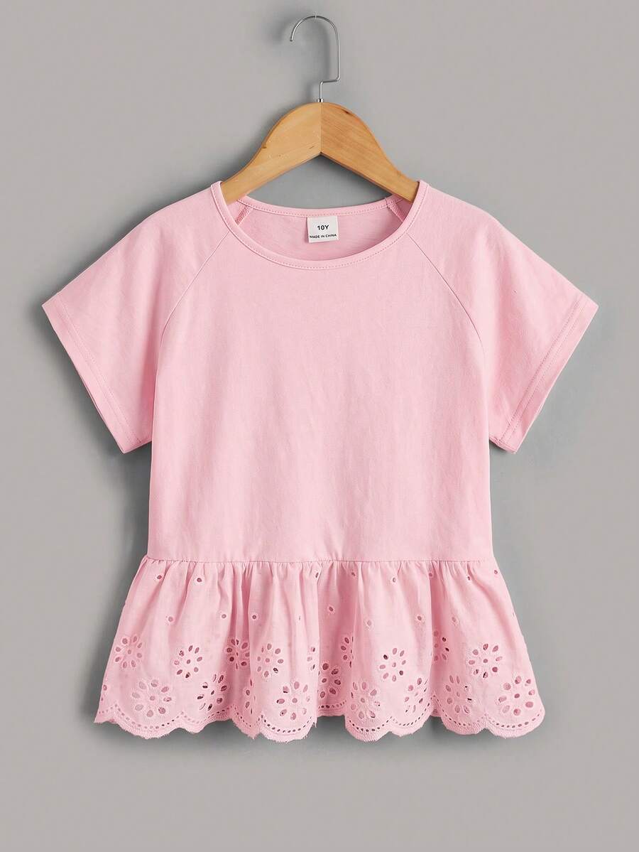 Tween女孩粉色袖子刺繡荷葉邊下擺T恤,適合度假、外出、休閒穿著,粉色蕾絲下擺休閒T恤 - 粉色 - 查看 1