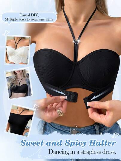 SHEIN Women's Strapless Halter Neck Black Underwire Front Closure Push-Up Bra, 1pc With Free Invisible Shoulder Straps