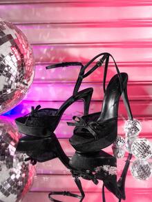 CUCCOO LuxiPop Ladies Black Satin Satin Bow Design Lace Stitching High Heel Platform High Heel Sandals - Black - View 2