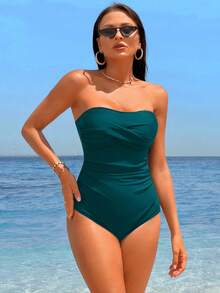 Swim Chiccia 女款純色交叉設計時尚抹胸式連身泳衣，適合度假 - 水鴨藍 - 查看 7