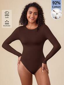 SHEIN BASICS 女款純色極簡百搭圓領長袖連身衣 - 咖啡棕 - 查看 3
