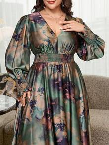 SHEIN Clasi Plus Size Floral Print Shirred Waist Shirred Vacation Dress - Green - View 3