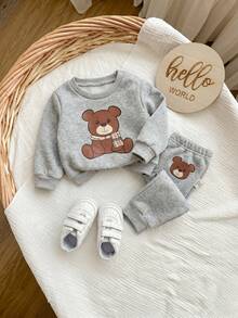 Newborn Baby Autumn/Winter Cute Cartoon Pattern Long Sleeve Sweatshirt & Pants Set - Light Grey - View 4