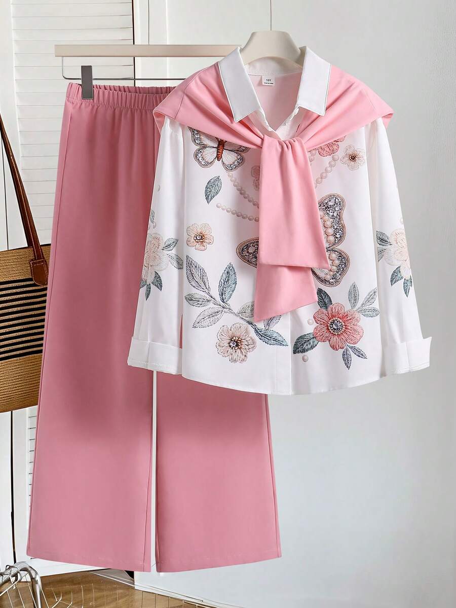 2pcs/Set Girls' Gentle Korean Style Campus Date Outdoor Commute Spring Autumn 3D Floral Butterfly Embroidered Collared Shirt, Knitted Shawl, Drapey Pi - Pink - View 1