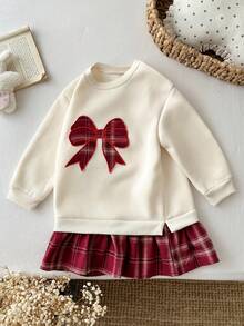 SHEIN LMoss Kids 女嬰針織秋冬衛衣洋裝，大蝴蝶刺繡拼接酒紅格紋裙，超可愛度假節日風可愛日系風 - 彩色 - 查看 5
