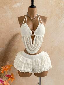 Soleia Women's Vacation Cowl Neck Halter Tank Top And Ruffle Skirts Fashion 2-Piece Set ,Summer, Fall Clothes, Winter, Festival Outfits For Women Party Beach - Apricot - View 3