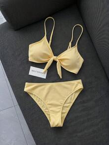 Swim Mod 女款兩件式比基尼泳衣套裝，雙肩帶設計，淺黃色羅紋面料，適合海灘、島嶼、泳池派對的休閒百搭泳裝 - 淡黃色 - 查看 2