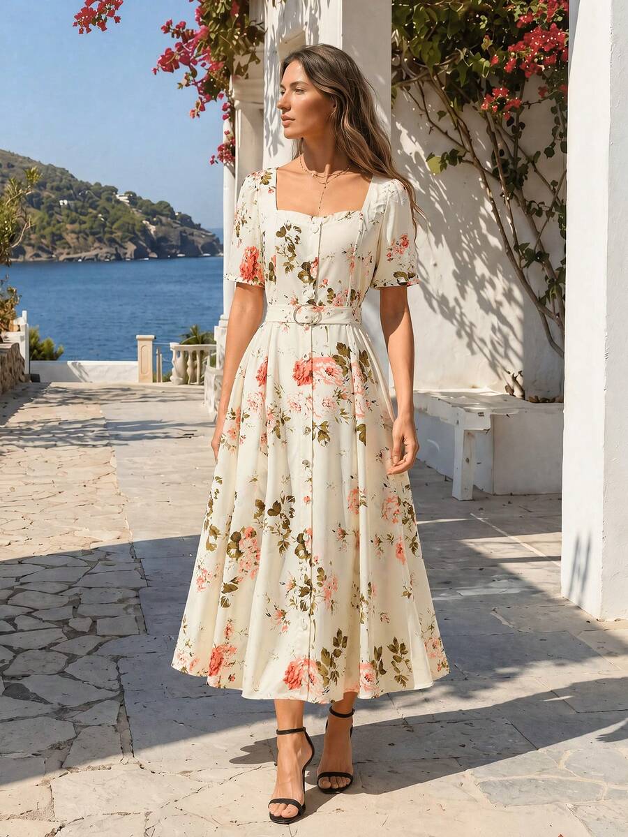 SHEIN Rosurelle 女士时尚A字中长连衣裙,单排扣设计,方领,印花短袖连衣裙,夏季 - 杏色 - 查看 1