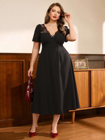 SHEIN LUNE Women's Plus Size French Vintage Black & White Polka Dot Print V-Neck Puff Sleeve Cinched Waist Slimming A-Line Long Dress, Elegant Fashion Versatile Casual Commute Business Outing French Street Retro Lazy Romantic Date High-End Ins Style Beach Summer New Lace Dress