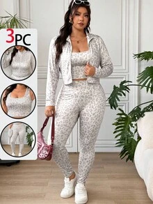 SHEIN EZwear 大尺碼女款豹紋內搭上衣、長袖開襟衫與高腰長褲休閒日常穿搭套裝 - 彩色 - 查看 8