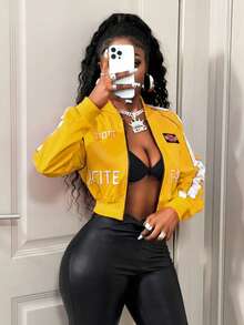 BamGleam Women's Letter Pattern Long Sleeve Zip-Up Baseball Jacket - Yellow - View 3