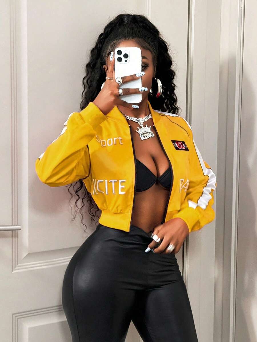 BamGleam Women's Letter Pattern Long Sleeve Zip-Up Baseball Jacket - Yellow - View 1