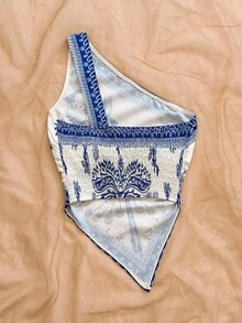 Soleia 女款白色與藍色花卉不對稱肩露背上衣，夏季波希米亞風海灘度假休閒花卉上衣 - 彩色 - 查看 2