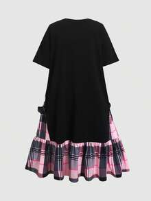 SHEIN 兒童青少年女孩度假休閒針織粉色格紋蝴蝶結裝飾短袖寬鬆A字洋裝，黑色洋裝，日常穿著，返校季 - 黑色 - 查看 2