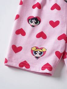 THE POWERPUFF GIRLS X SHEIN 女嬰卡通印花T恤短褲套裝 - 粉色 - 查看 6