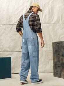 Norleigh Men's Letter Print Distressed Casual Versatile Denim Bib Overalls Hang Out Street Work Urban - Light Wash - View 5