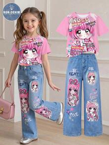 SHEIN 女童 T-shirt 套裝，粉色短袖圓領 T-shirt 配可愛卡通動漫印花上衣與仿牛仔印花直筒褲，2 件套，夏季兒童時尚套裝，充滿活力夏日氛圍，適合外出與上學穿著 - 粉色 - 查看 3
