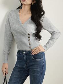Heiryn New Spring Fall Vintage Wrap Knit Blouse Women V Neck Asymmetric Side Button Slim Heather Grey Daily T - Light Grey - View 4