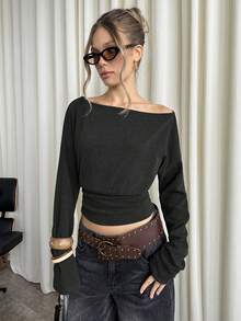 SHEIN BAE 女款純色不對稱肩休閒百搭日常穿著上衣 - 深灰色 - 查看 7