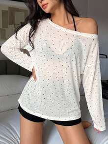 DAZY 女款波點印花落肩長袖寬鬆罩衫上衣 - 白色 - 查看 5