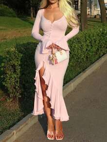 INAWLY Women's Autumn New Solid Color Long Sleeve Elegant Fitted Ruffle Hem Dress Fall Cloth For Women Party Light Pink - Pink - View 4