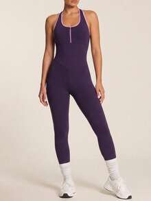 SHEIN BAE 女士撞色镂空后背连体裤，休闲健身运动服 - Bold Plum - 查看 7