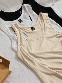 SHEIN EZwear 3件組女款賽車背心運動背心瑜伽上衣 無袖運動休閒寬肩帶 夏季日常度假居家服 黑色 米色 白色 - 彩色 - 查看 5