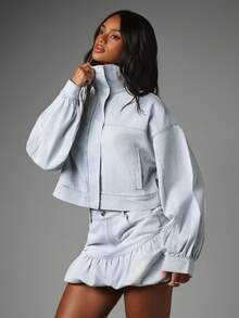 MISSGUIDED Cropped Denim Jacket With Funnel Collar Balloon Sleeves Zip Closure Oversized Fit Spring Summer - Light Wash - View 2