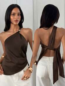 Aloruh Women's Elegant Asymmetric Neck Waist-Cinched Fitted Lace Patchwork Brown Solid Color Dress - Brown - View 2