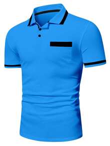 Manfinity Homme Men's Plus Size Contrast Color Ribbed Collar Mature Casual Short Sleeve Polo Shirt - Teal Blue - View 3