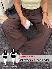 SHEIN PETITE CURVE 大尺碼女款緞面低腰寬腿長褲 棕色蕾絲拼接 度假穿搭 - 棕色 - 查看 5
