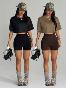 Velisys Velisys Black Short Sleeve Jacket With Seams, Seamless Black Bra And Shorts - Multicolor - View 3