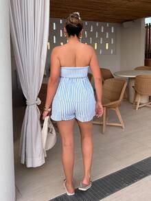 Maria Perezxox 女款2件套：條紋印花荷葉邊綁帶背心上衣與休閒短褲套裝，度假海灘派對夏季優雅套裝 - 藍白色 - 查看 2