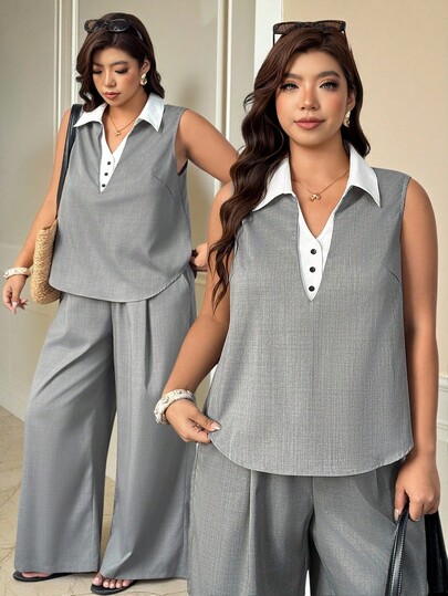 Vionelle Blus Tanpa Lengan Berkerah Ukuran Plus Wanita, Pakaian Elegan, Setelan Celana Kasual Ukuran Plus, Celana Panjang, Pakaian Kencan, Pakaian Kerja, Set Gaya Klasik, Pakaian Wanita Musim Panas, Musim Semi, Musim Gugur, Celana dengan Saku, Setelan Dua Potong Ukuran Plus