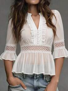 SHEIN Elegant Elegant Summer White Faux Silk Lace Patchwork Blouse Shirt - White - View 1