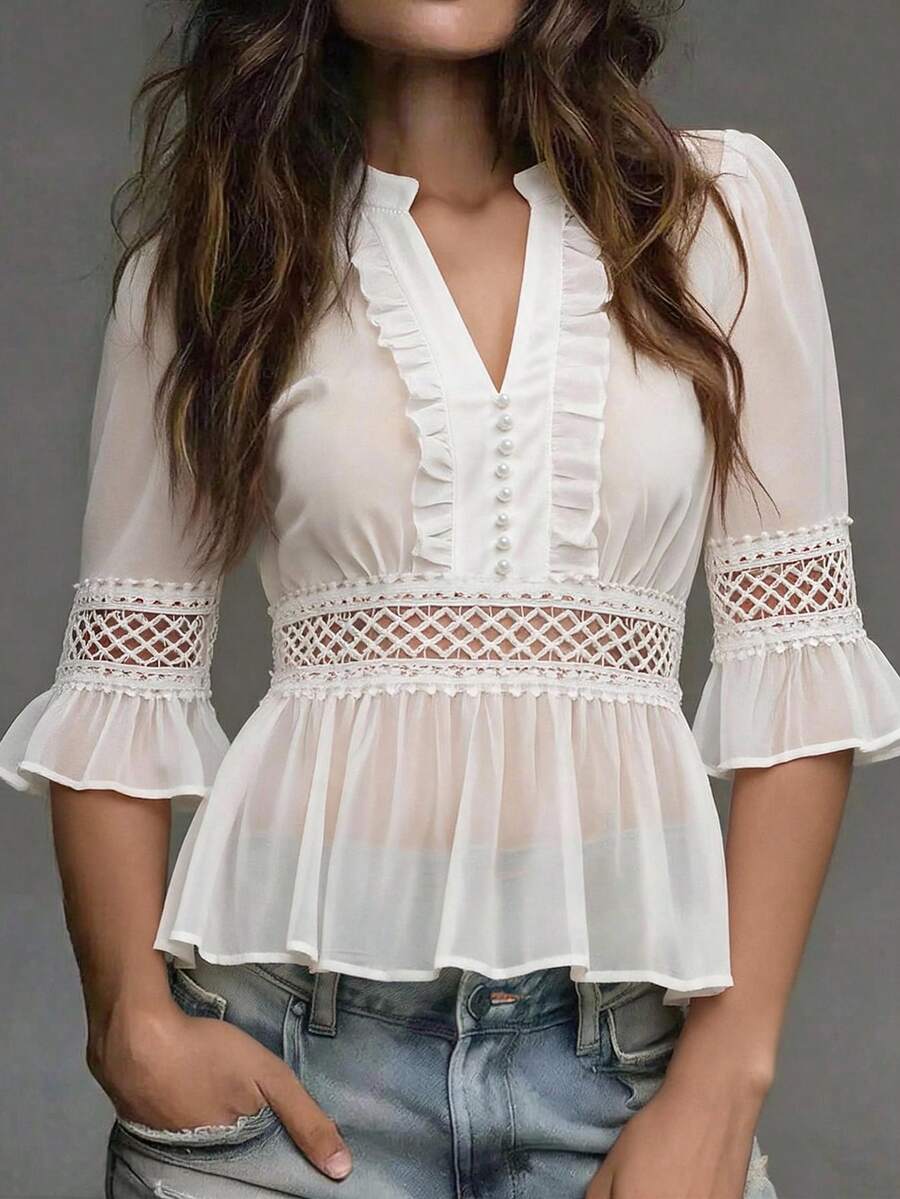 SHEIN Elegant Elegant Summer White Faux Silk Lace Patchwork Blouse Shirt - White - View 1