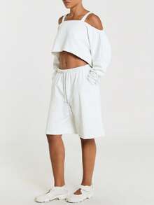 11SKNDS Oversized lange Fleece-Bermuda-Shorts mit elastischem Kordelzugbund, entspanntem weitem Bein, Sweatshorts, lässige Alltagskleidung, Loungewear für Frühling und Sommer - Hellgrau - Übersicht 3