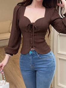 Feyla Kemeja Wanita Lengan Panjang Warna Polos dengan Desain Tali Lubang Kancing - Coffee Brown - View 1