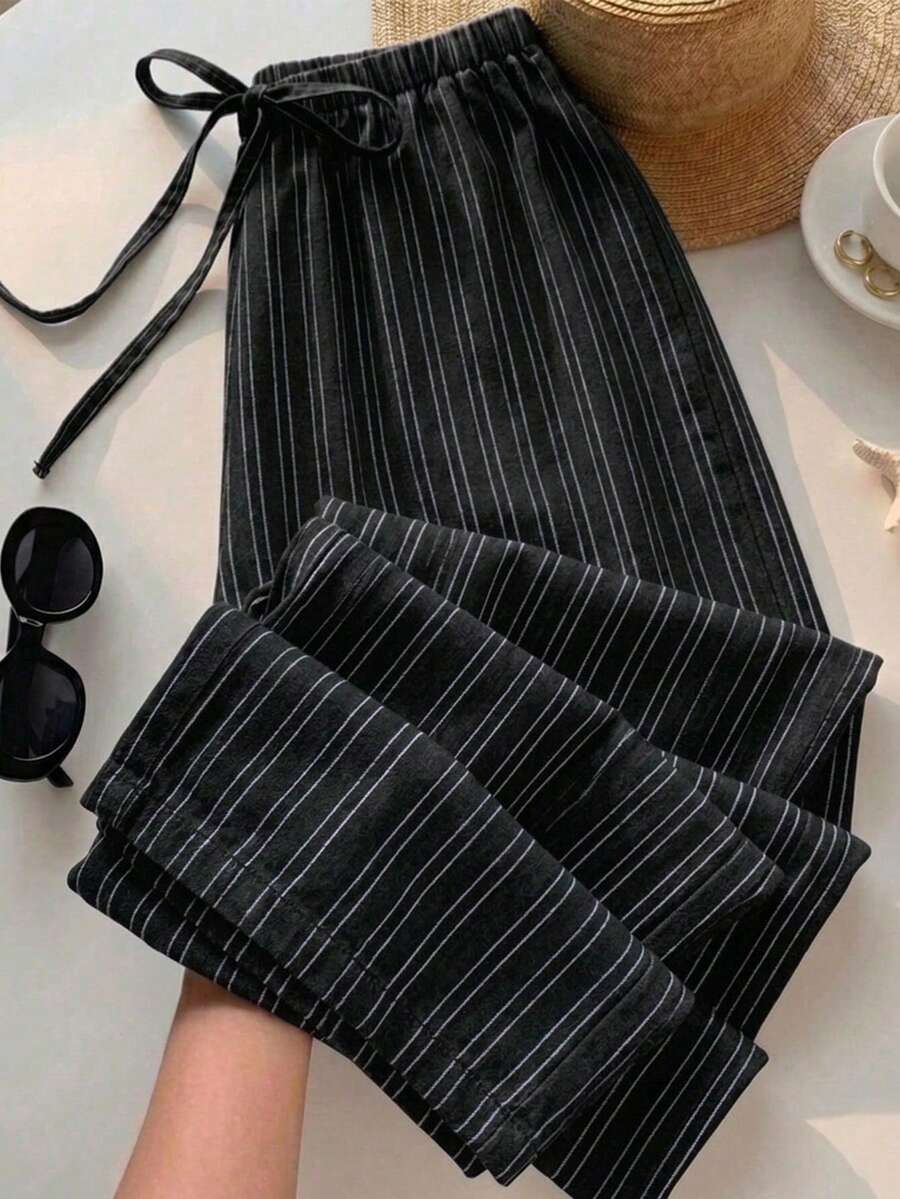 SHEIN EZwear 女款休閒腰部綁帶直筒長褲,適合夏季穿著 - 黑色 - 查看 1