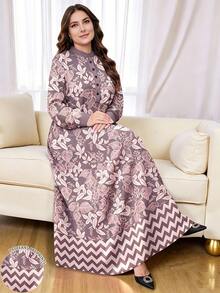 SHEIN Najma 大尺碼女款度假花卉印花長袖半開襟鈕扣連身裙 - 彩色 - 查看 1