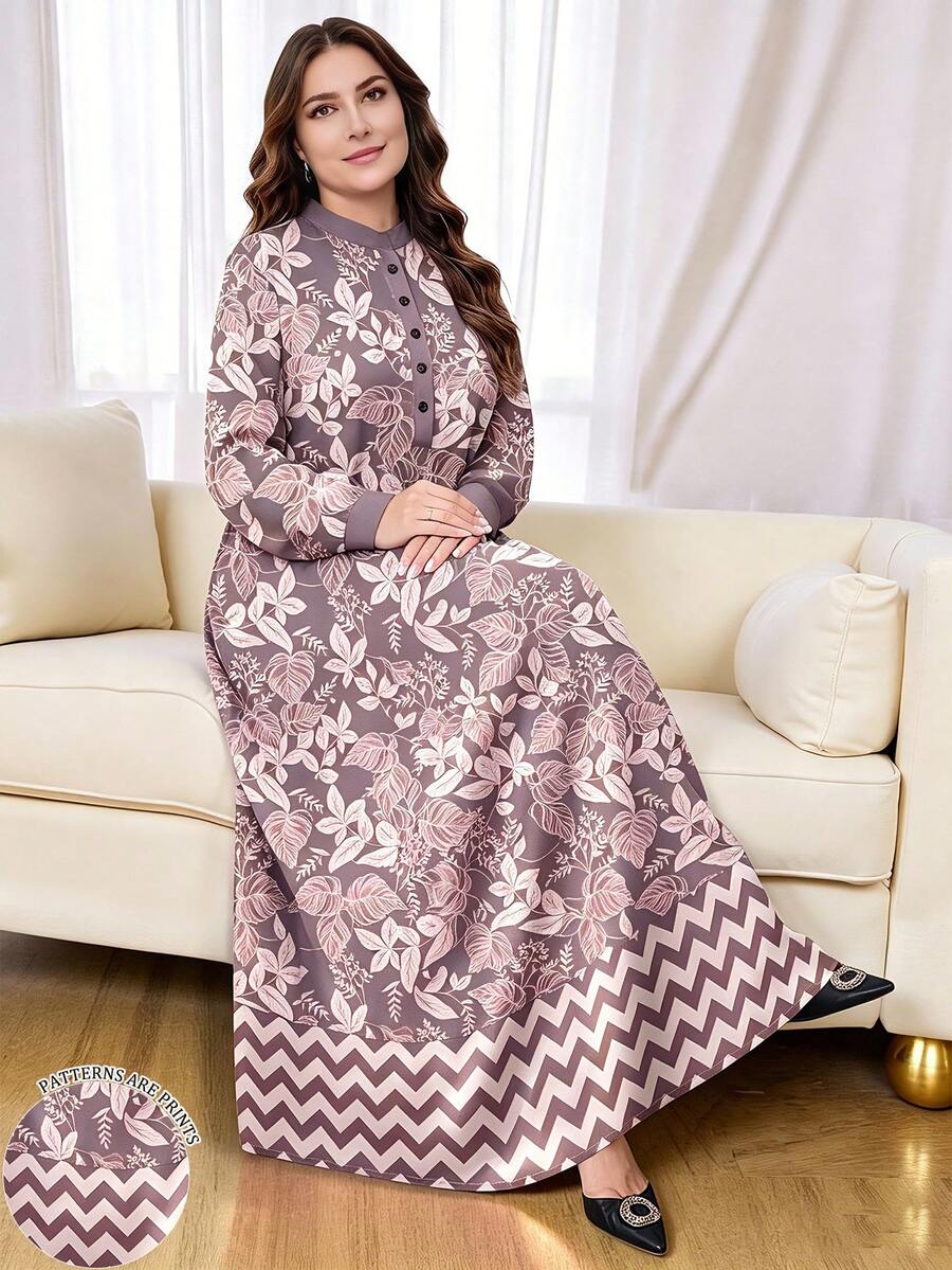 SHEIN Najma 大尺碼女款度假花卉印花長袖半開襟鈕扣連身裙 - 彩色 - 查看 1