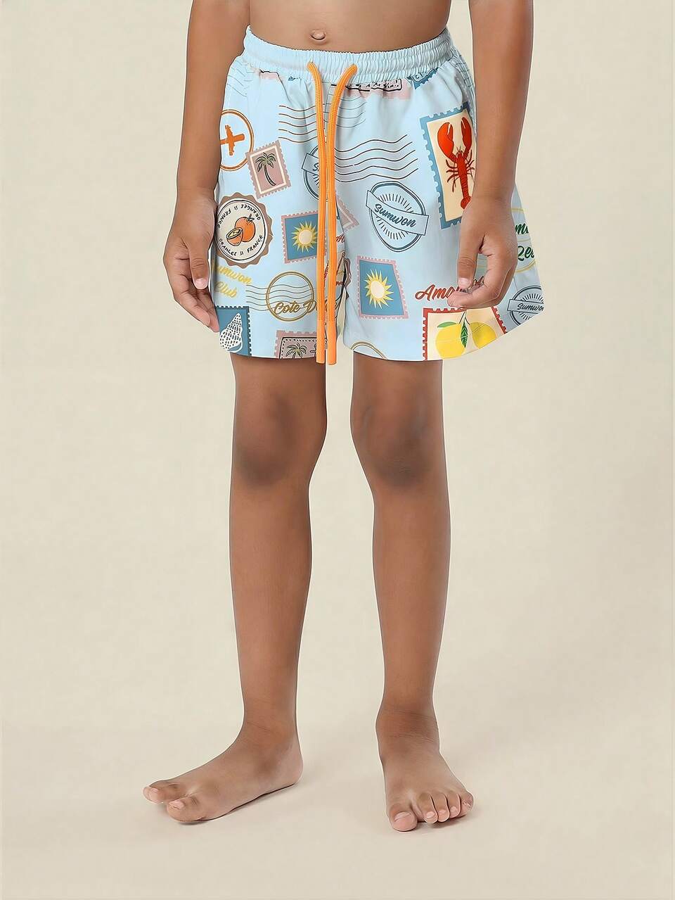 Regular Boys Summer Beach Swim Shorts Postcard Print Drawstring Waist For Pool And Vacation