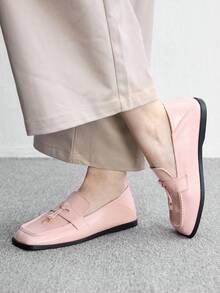 CUCCOO BIZCHIC Pink Soft Leather Metal Buckle Loafers Women's, Square Toe Flat Bottom Soft Sole Slouchy Shoes, Commuting Versatile Gentle Shoes - Pink - View 3
