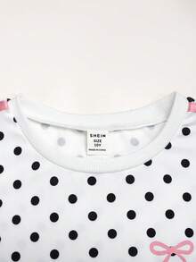 SHEIN Tween女孩蝴蝶結緞帶裝飾休閒時尚短袖T恤 + 蝴蝶結緞帶裝飾休閒時尚直筒長褲 - 白色 - 查看 3