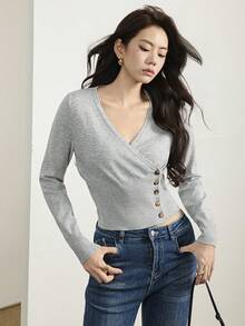Heiryn New Spring Fall Vintage Wrap Knit Blouse Women V Neck Asymmetric Side Button Slim Heather Grey Daily T - Light Grey - View 6