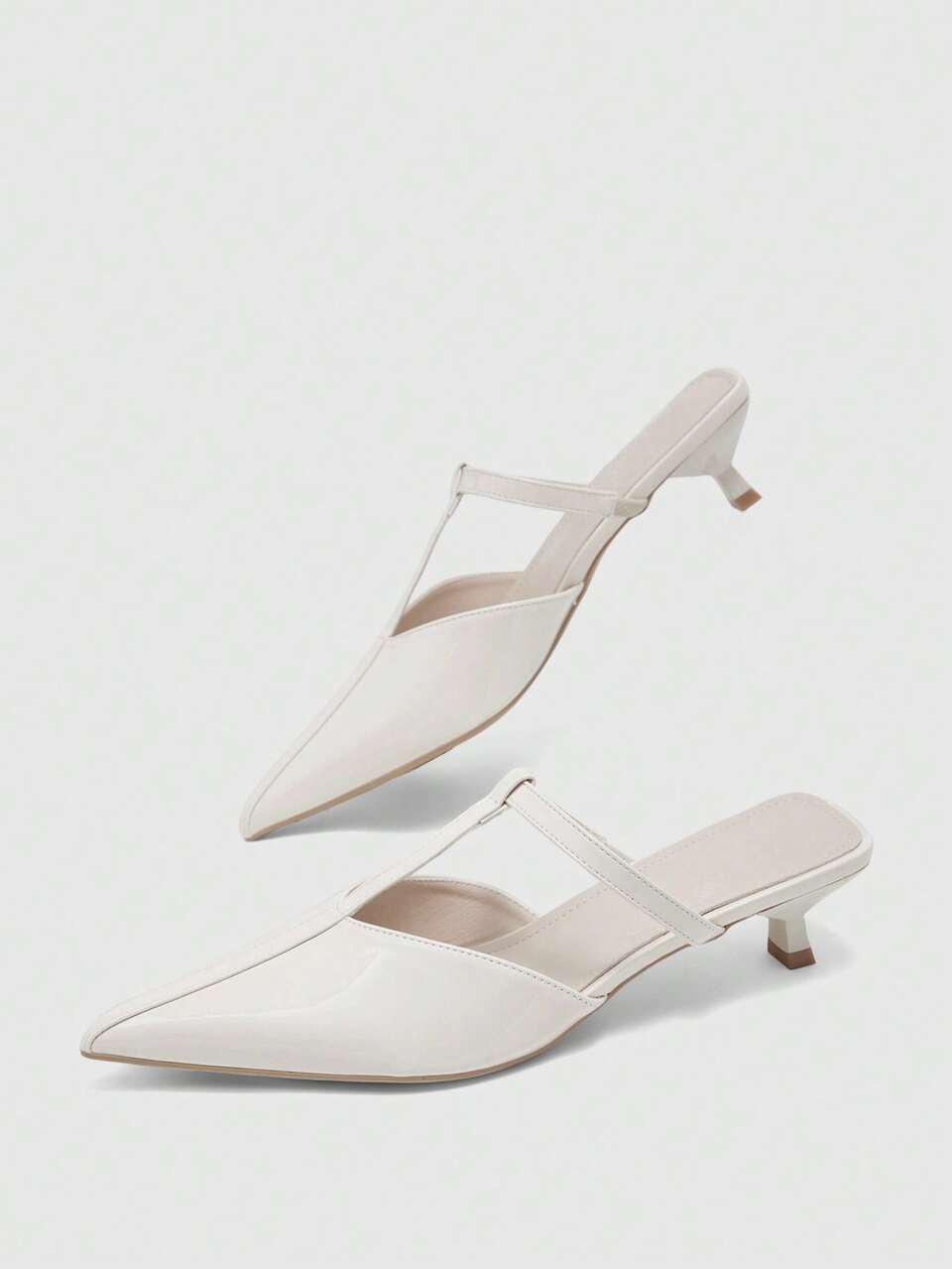 CUCCOO BIZCHIC Women's Shoes Pointed White Patent Leather Daily Versatile Commuting T-Word With Kitten And Shoes Kitten Heels Fall Shoes