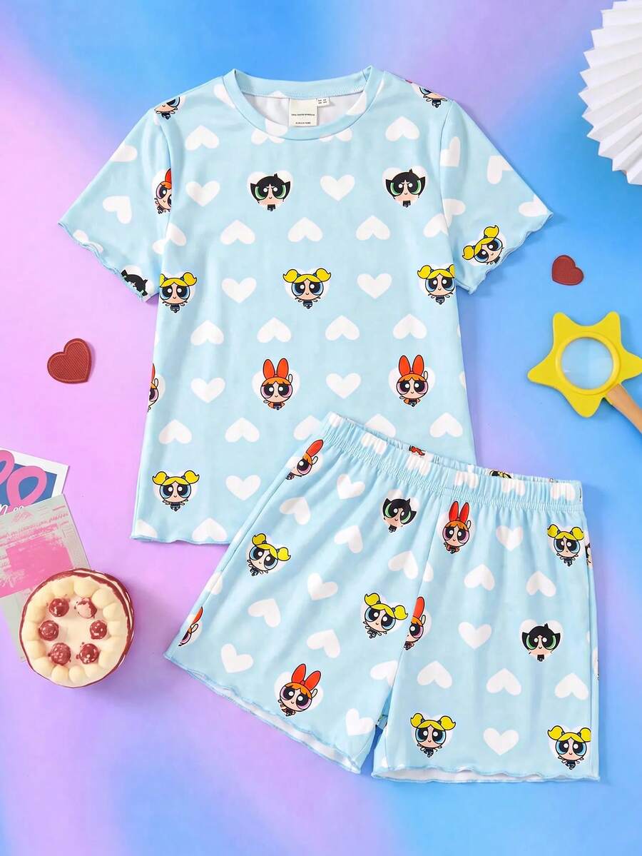 THE POWERPUFF GIRLS X SHEIN 少女卡通印花圓領短袖上衣與短褲休閒日常居家睡衣套裝 - 淺藍色 - 查看 1