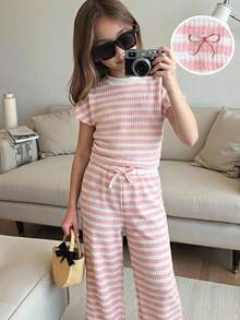 SHEIN 2件套女童条纹圆领褶皱休闲T恤和裤子套装 - 彩色 - 查看 2
