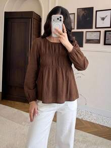Serisse Women's Coffee Brown, Versatile, Pleated 100 Cotton Round Neck Long-Sleeved Shirt For Autumn, Birthday Holiday Tops Elegant French Casual Brunch - Rust Brown - View 6